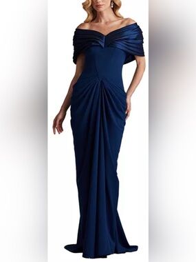 NEW Tadashi Shoji Seraphine Pleated Portrait Collar navy blue Gown Sz 14